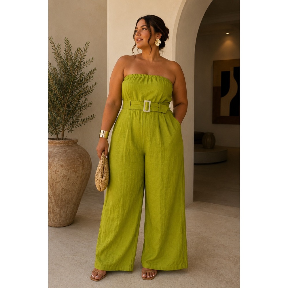 Monteau Los Angeles Lime Green Strapless Linen Blend Belted Jumpsuit XL